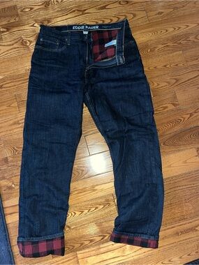 Eddie Bauer Dark Indigo Relaxed Jeans with Red Plaid Cuffs (Women)